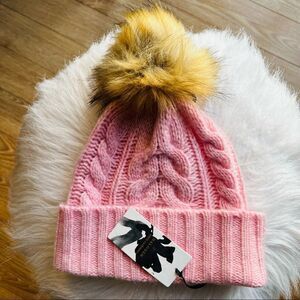 Halogen Cashmere Cable Knit Beanie with Faux Fur Pom, Pink/Brown, NWT